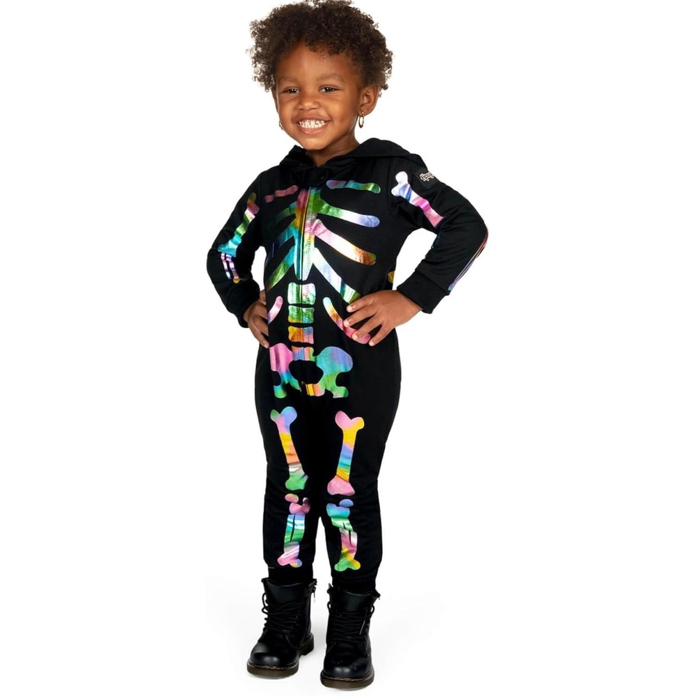 Tipsy Elves Toddler 2T Iridescent Skeleton Costume Black Hooded Jumpsuit NEW